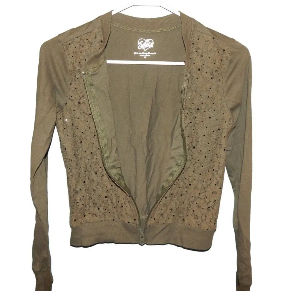Justice girls 16 olive green floral lace vintage full zip thin casual jacket